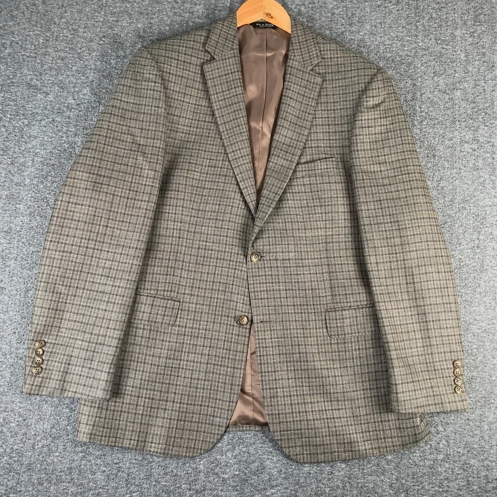 Jos A Bank Blazer Jacket Men 44L Brown Check Linen Silk Wool Sport Coat Chelsea
